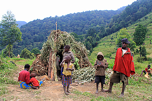 Villagers and a hut 